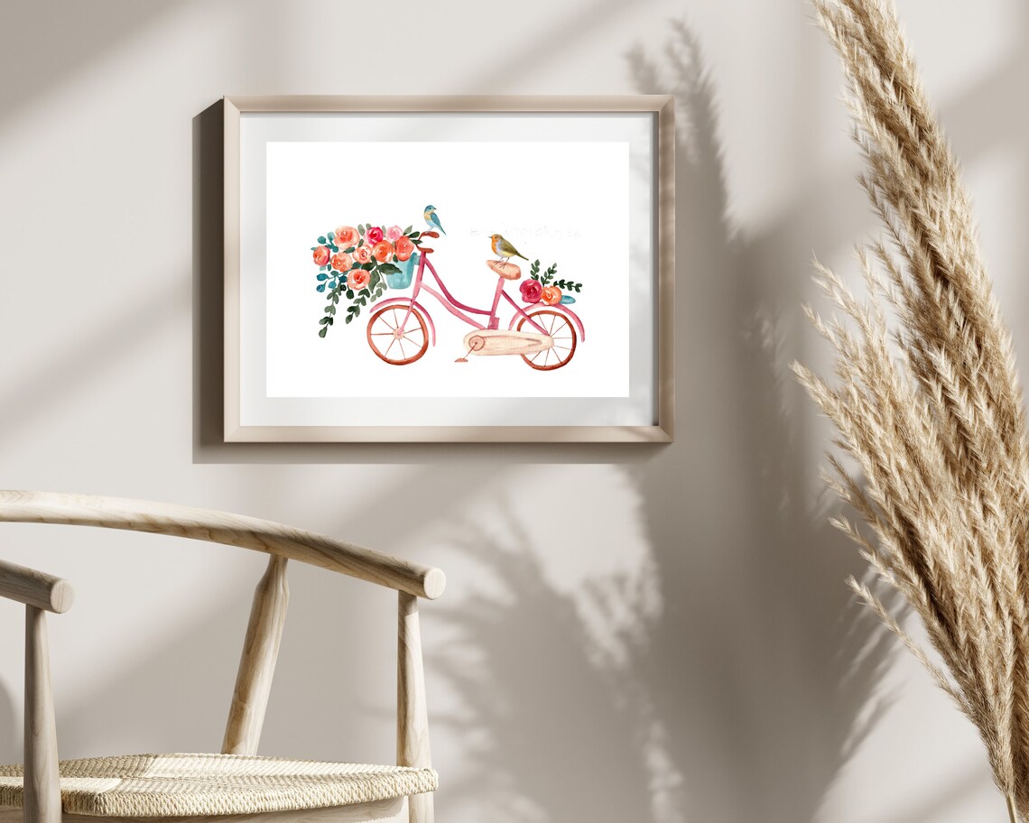 Watercolor Bike With Flowers and Bird Art Print - Image 2