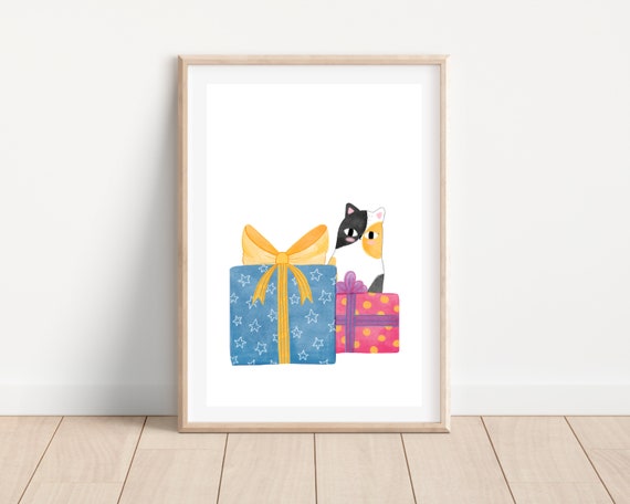 Peekaboo Christmas Cat With Gifts Holiday Art Print