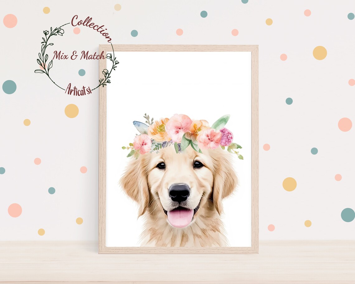 Golden Retriever Watercolor Art Print, Flower Crown