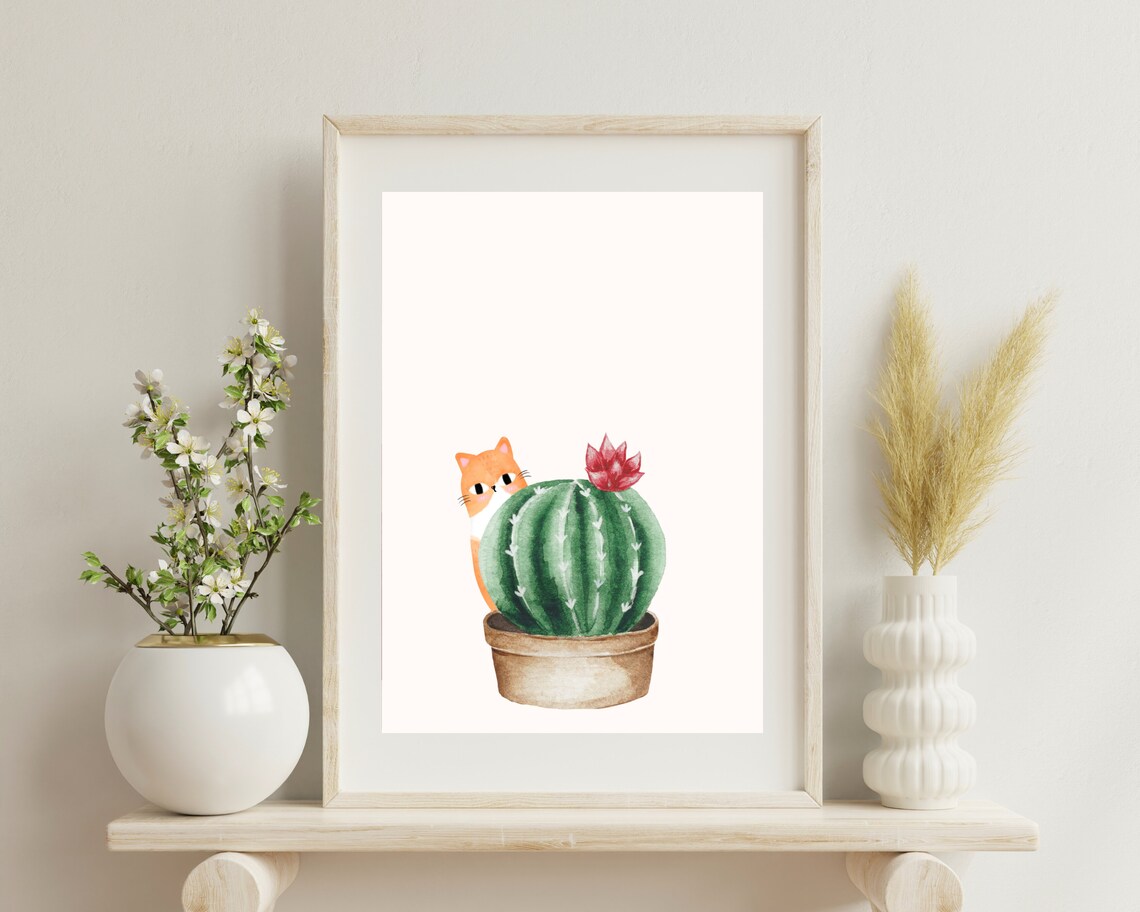 House Plant And Cat Print, Boho Cat Art Print - Image 2