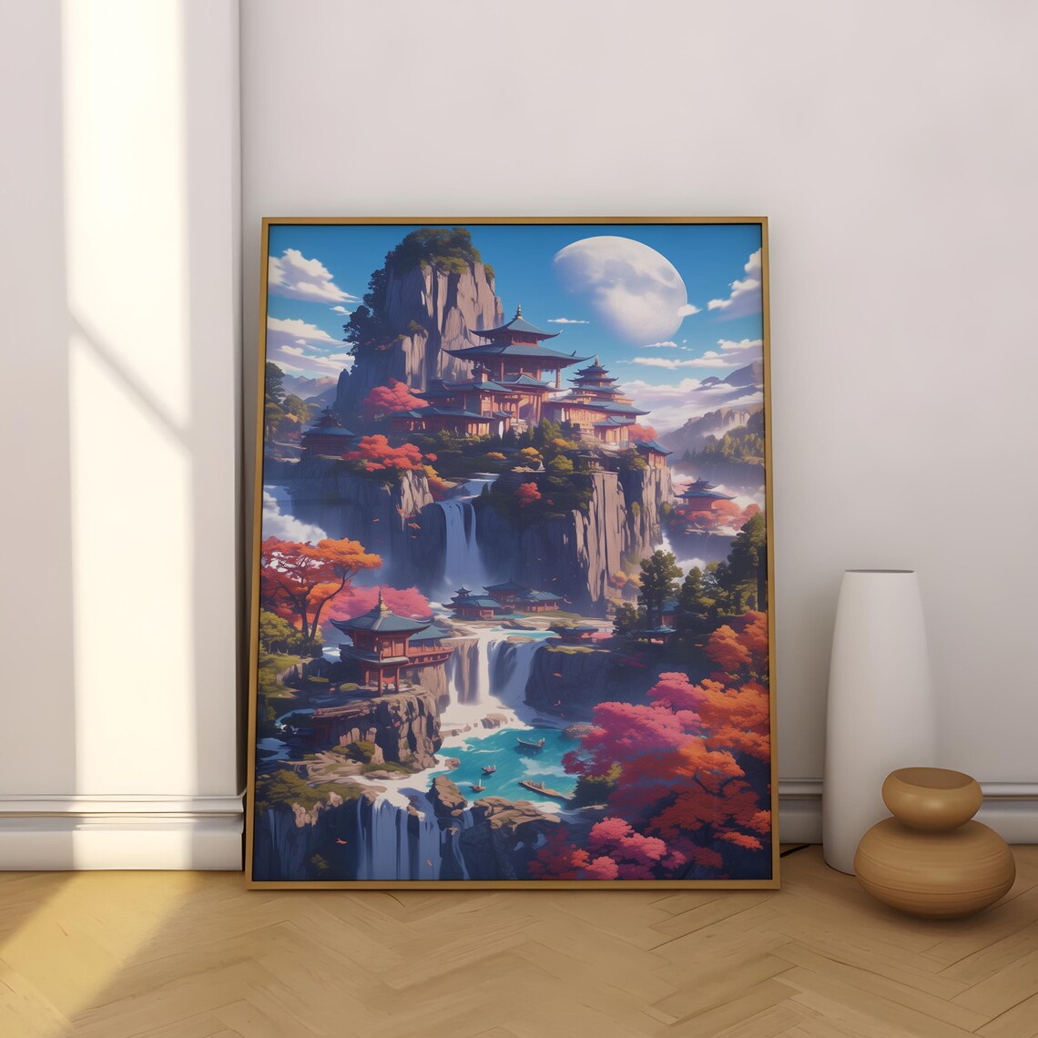 Epic Fantasy Mountain Temple With Waterfalls and Moon Sky Poster