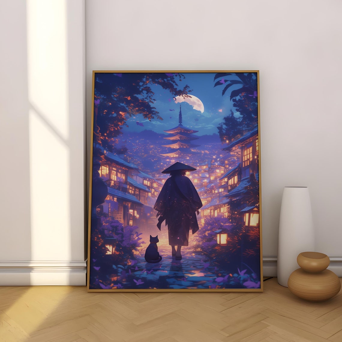 Moonlit Japanese Village Street With Glowing Pagoda and Cat Poster