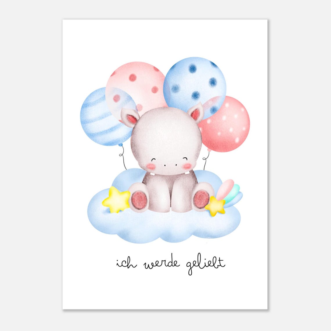 Baby Hippo With Balloons On Cloud 'I Am Loved' Nursery Wall Poster - Image 2