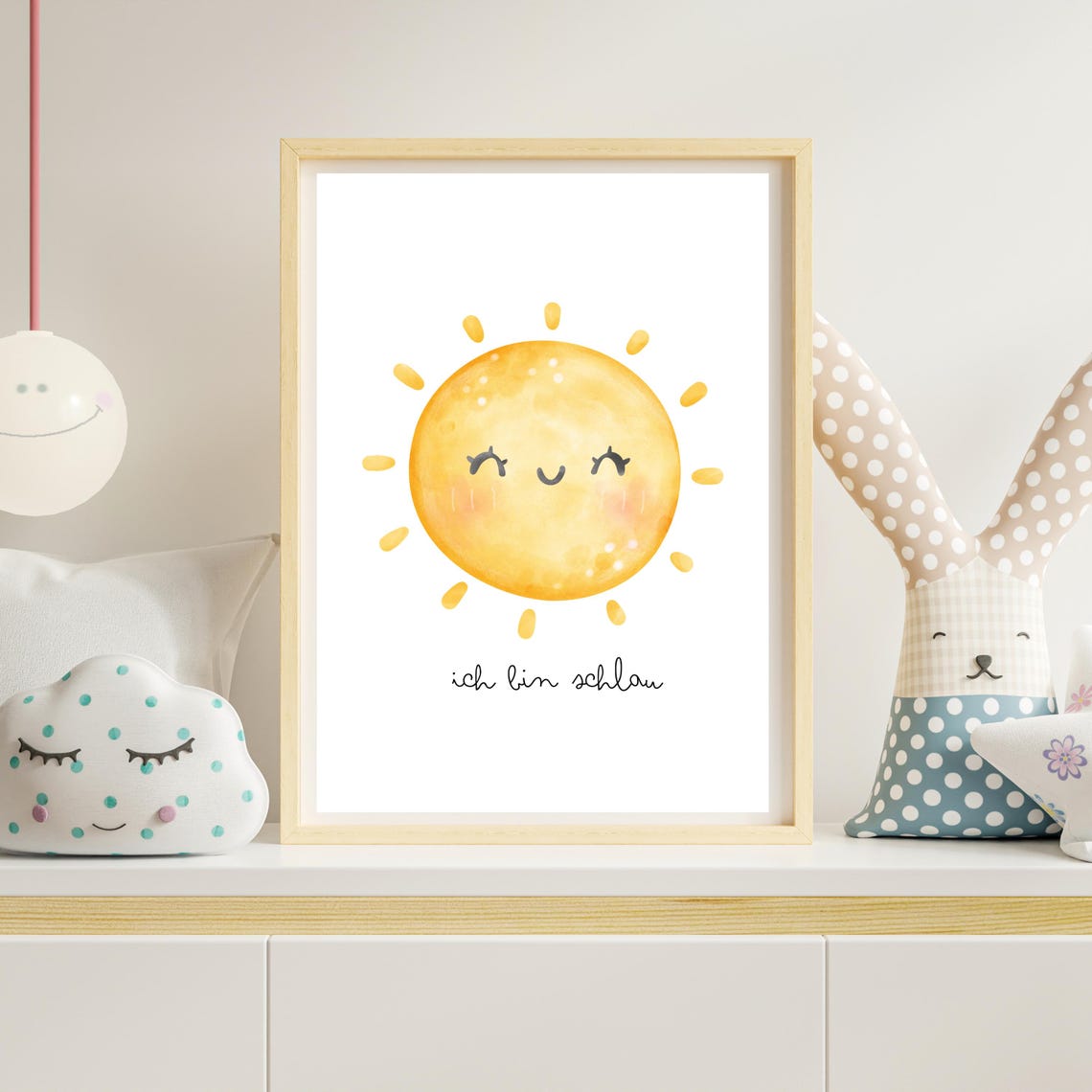 Smiling Golden Watercolor Sun 'I Am Smart' Affirmation Nursery Poster