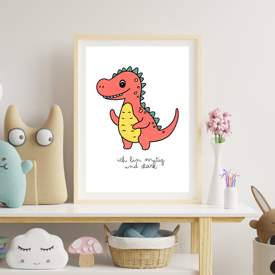 Friendly Red T-Rex 'Brave And Strong' Affirmation Kids Bedroom Poster