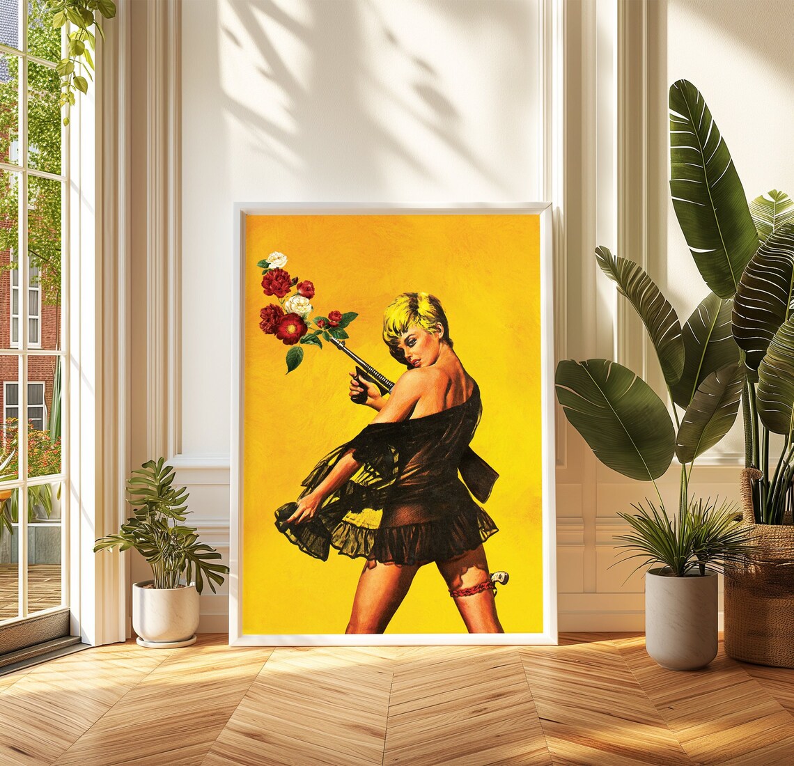 Loves Deadly Vintage Pinup Woman Flower Shooting Pulp Art Poster