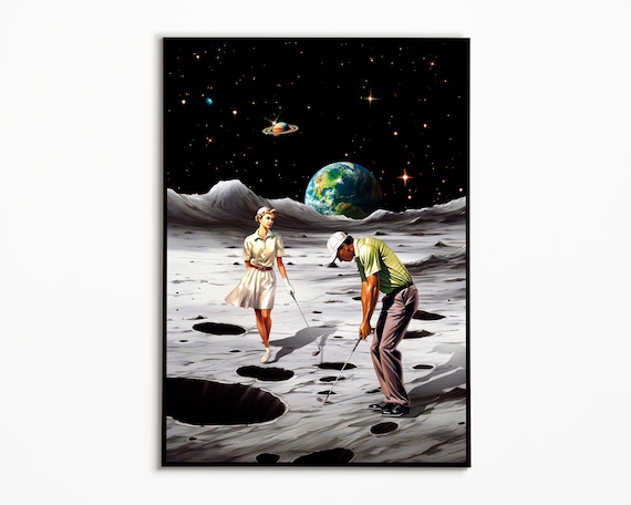 Moonshot Retro Golf Couple Playing On The Moon Earth Sky Poster