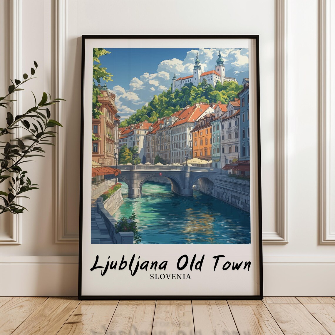 Ljubljana Old Town Slovenia River Bridge Castle Hill Travel Poster