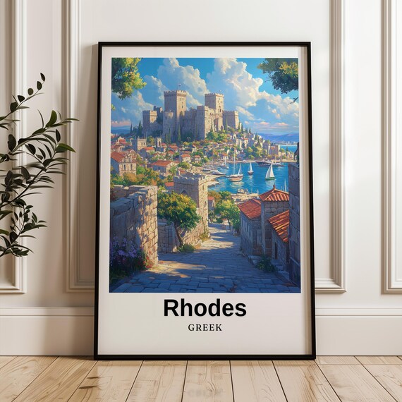 Rhodes Travel Poster, Greek Illustration Wedding Gift