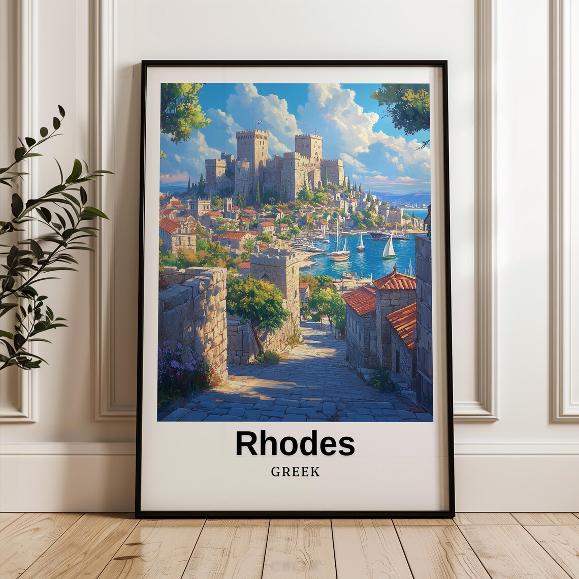 Rhodes Travel Poster, Greek Illustration Wedding Gift