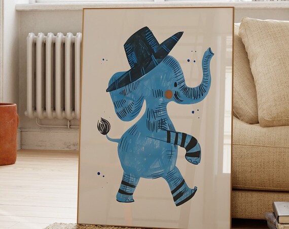 Dancing Blue Elephant Wearing Top Hat Whimsical Kids Nursery Art Poster