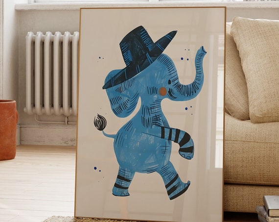 Dancing Elephant Print Eclectic Nursery Wall Art Animals Kids Room Decor Blue Playroom Boys Room Prints Wall Art