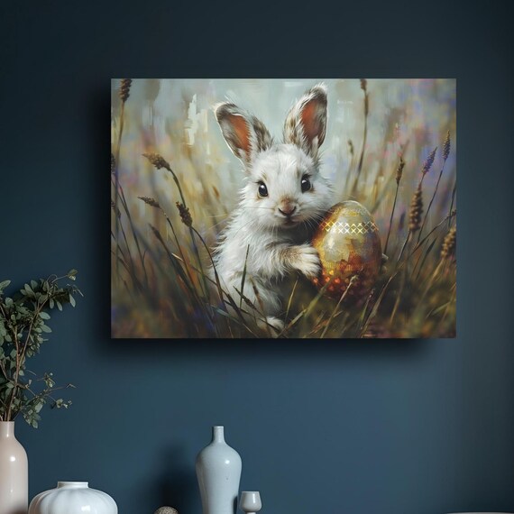 White Bunny Holding Golden Easter Egg Tall Grass Wildlife Poster