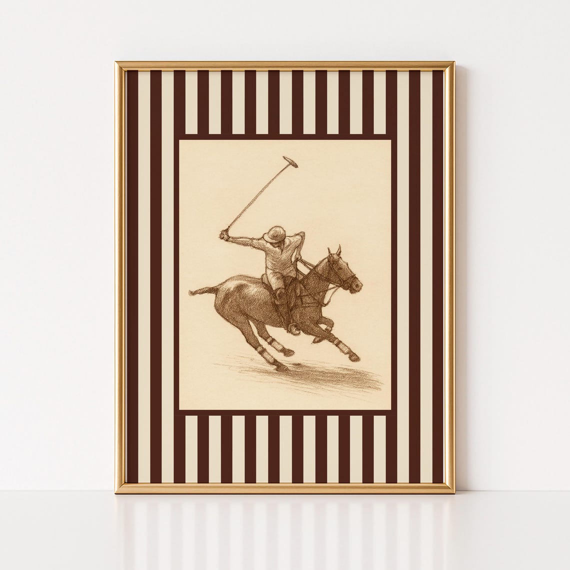 Vintage Polo Player Horse Sketch Brown Striped Equestrian Poster