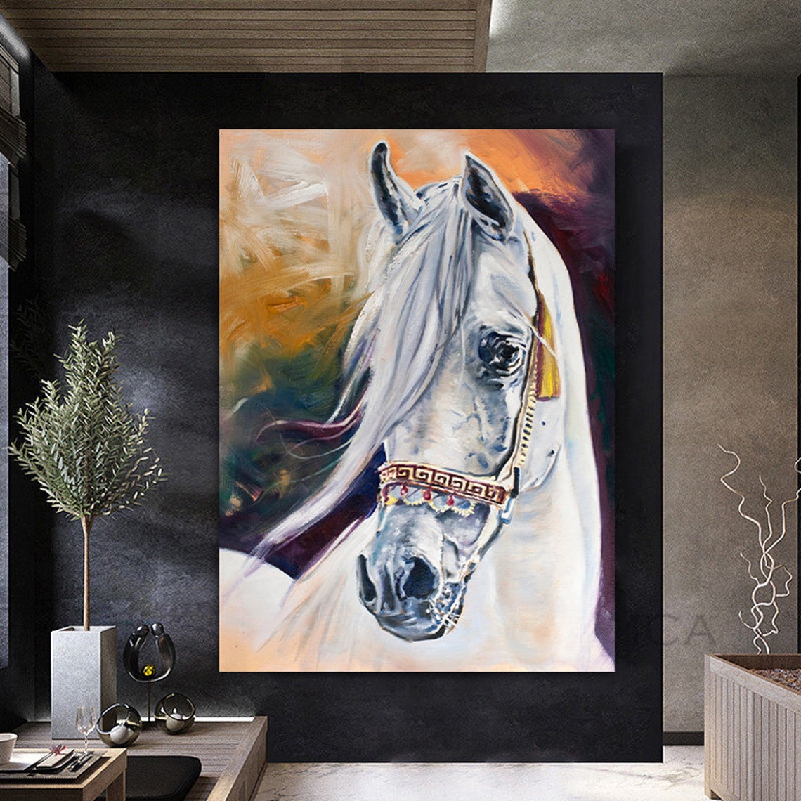 White Horse Portrait Ornate Bridle Warm Golden Glow Wall Art Print