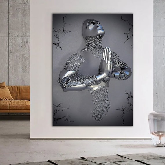 Meditation Prayer Giving Thanks Painting Silver Glitter Textured Print 3 D Look Wall Decor