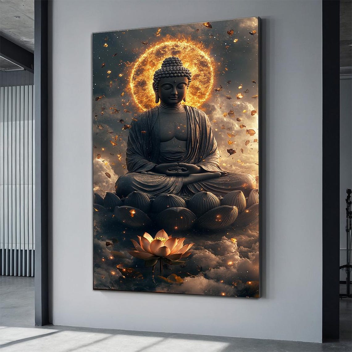 Meditating Buddha Golden Halo Clouds Lotus Flower Zen Art Poster