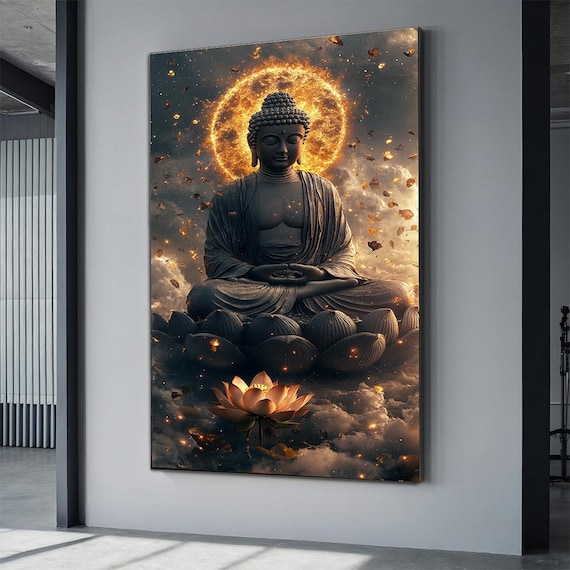 Meditating Buddha Golden Halo Clouds Lotus Flower Zen Art Poster
