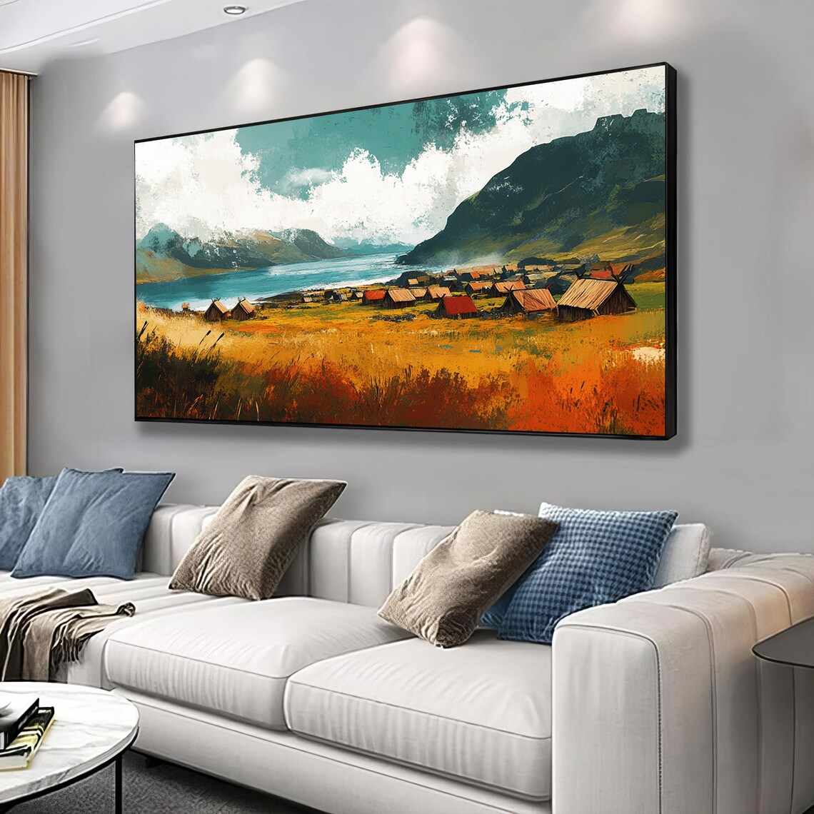 Mountain Lakeside Village Golden Autumn Fields Landscape Art Poster
