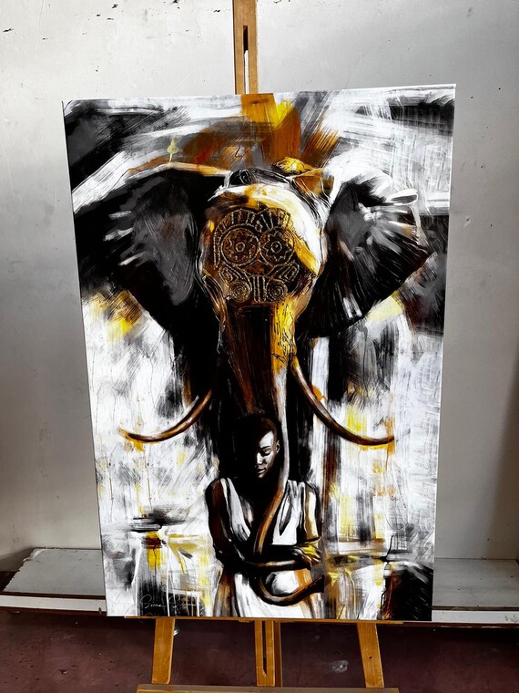 Abstract Elephant Head Black White Gold African Painting Poster