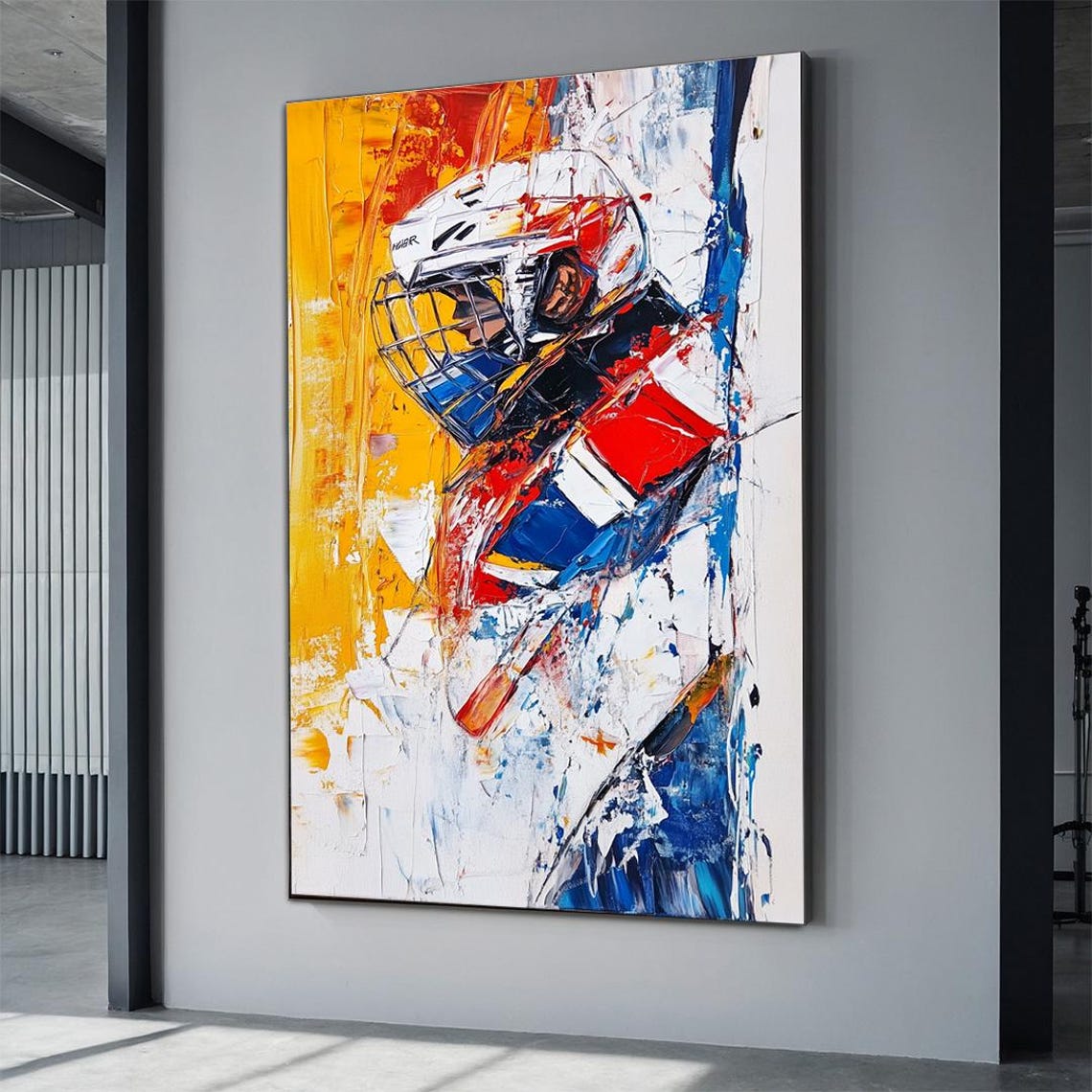 Ice Hockey Player Abstract Red Blue Yellow Helmet Sports Art Poster