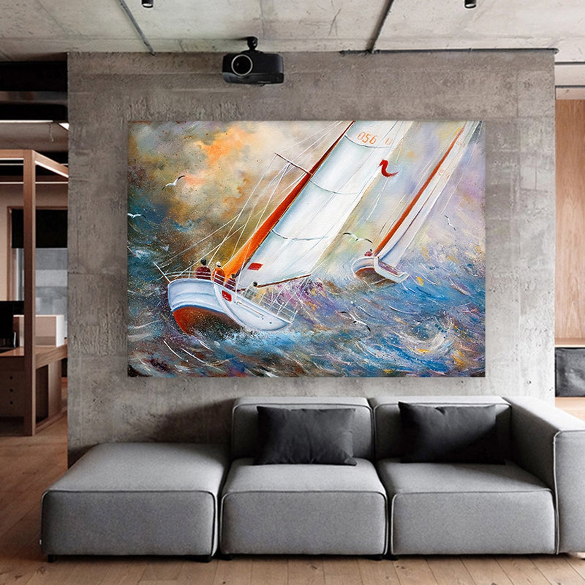 Sailboat Race White Red Sails Blue Waves Colorful Nautical Art Poster