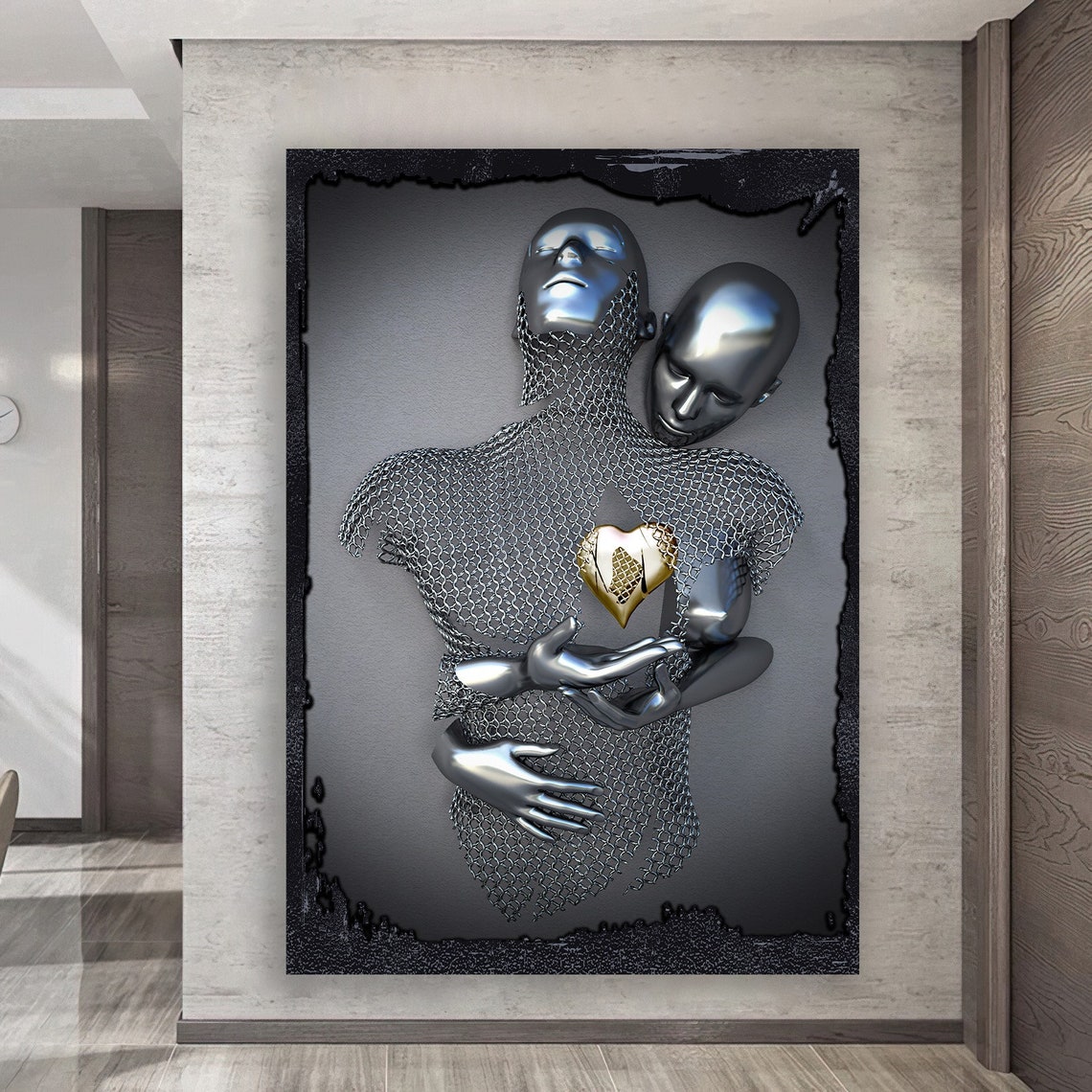 Chrome Couple Embrace Gold Heart Framed Metallic 3D Romantic Wall Art