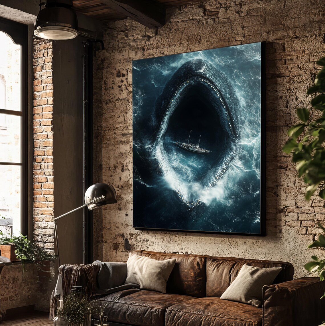 Megaladon Fish Whale Swallows Boat Art Print