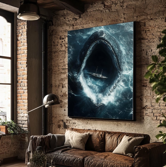 Megaladon Fish Whale Swallows Boat Art Print