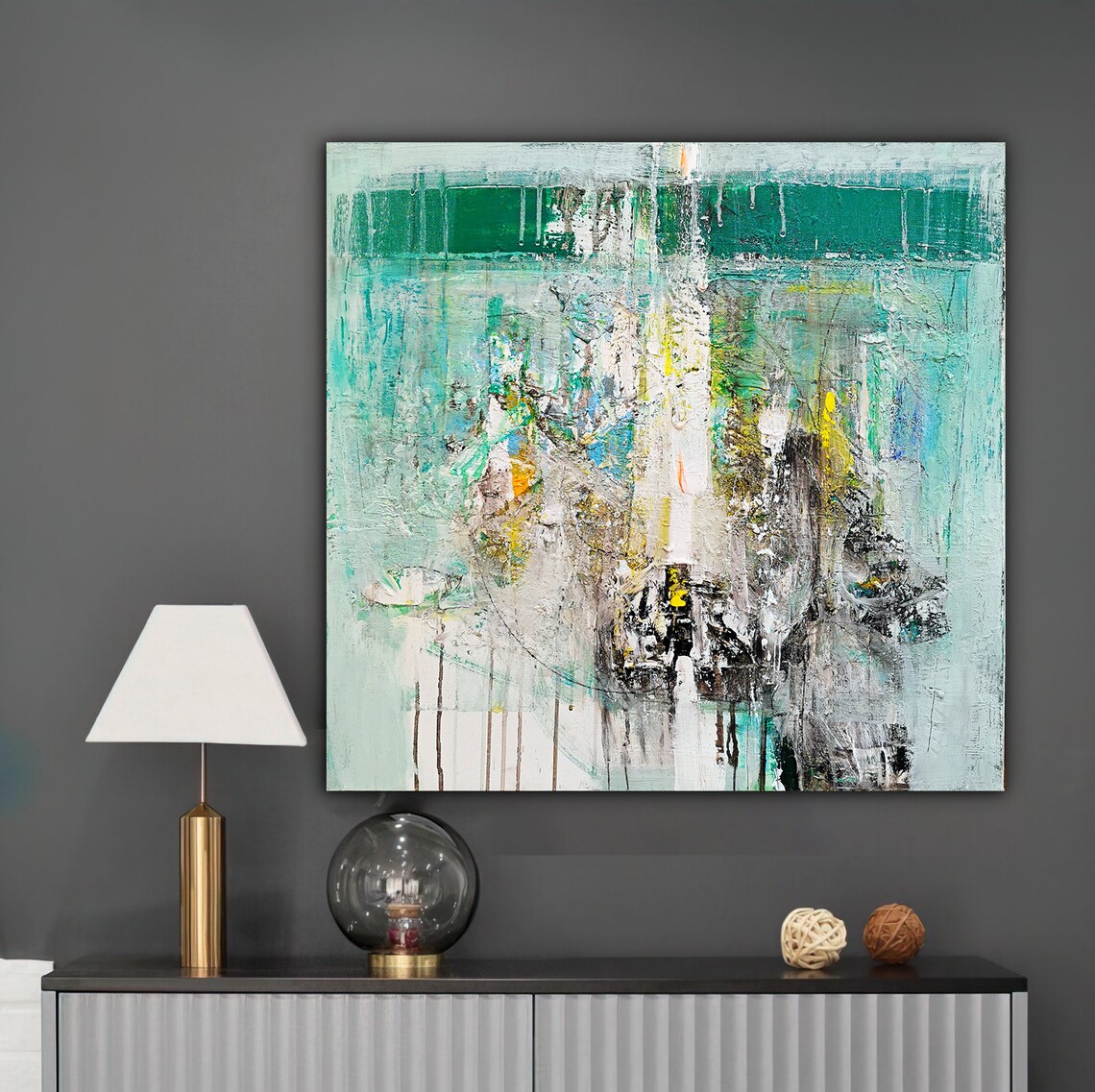 Teal Green Modern Abstract Textured Painting Green Blue Wall Art Print