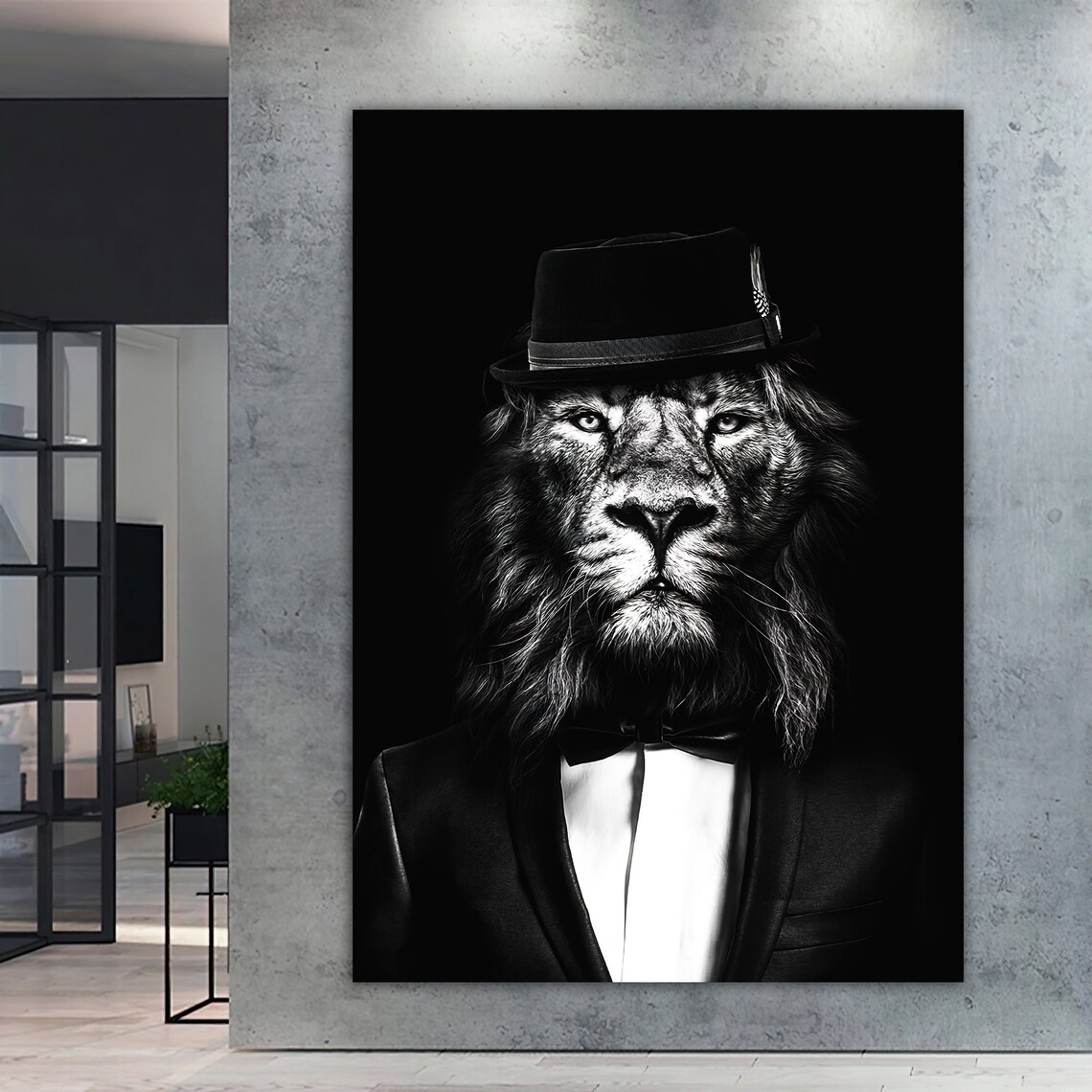 Lion Wearing Fedora Bow Tie Tuxedo Black White Portrait Art Poster