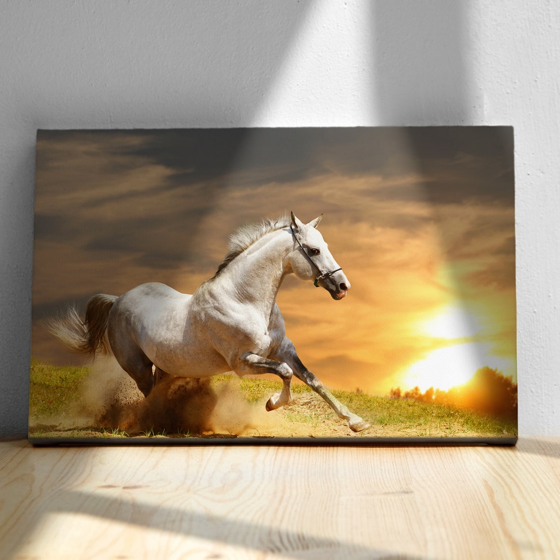 White Horse Galloping At Sunset Dust Dynamic Equine Photo Poster