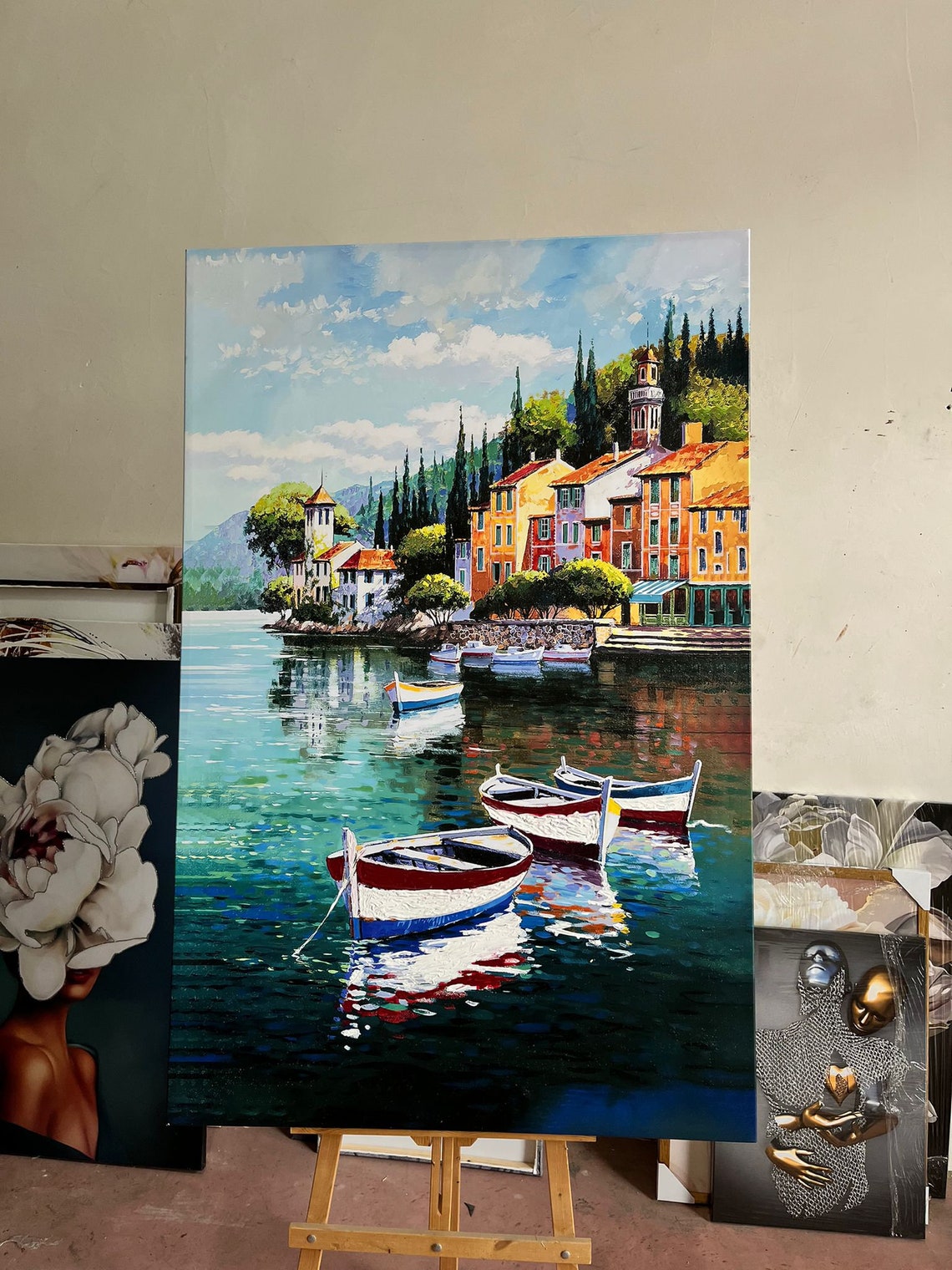 Istanbul Landscape Boats And Seascape Print Paint Textured Landscape Painting Istanbul Sea Painting Nature Wall Art
