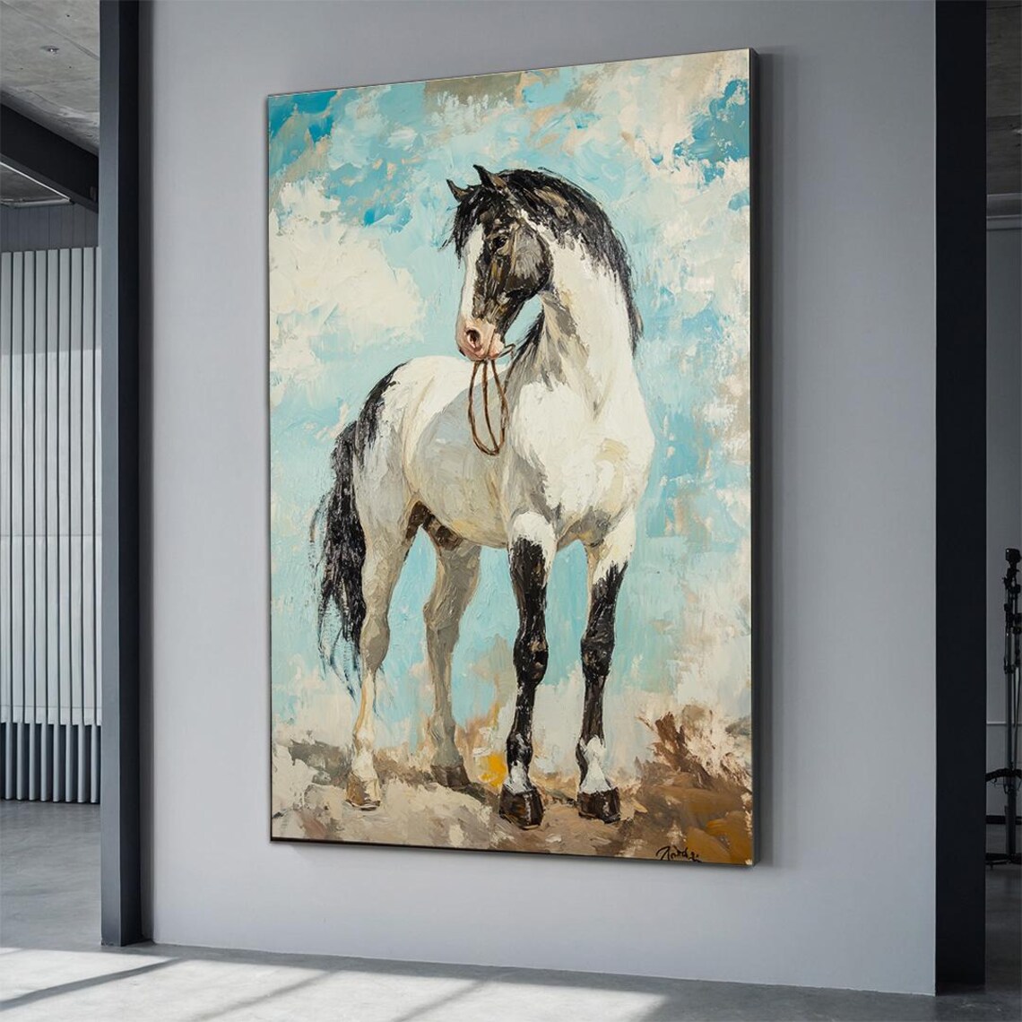 White Pinto Horse Standing Under Turquoise Sky Oil Painting Poster