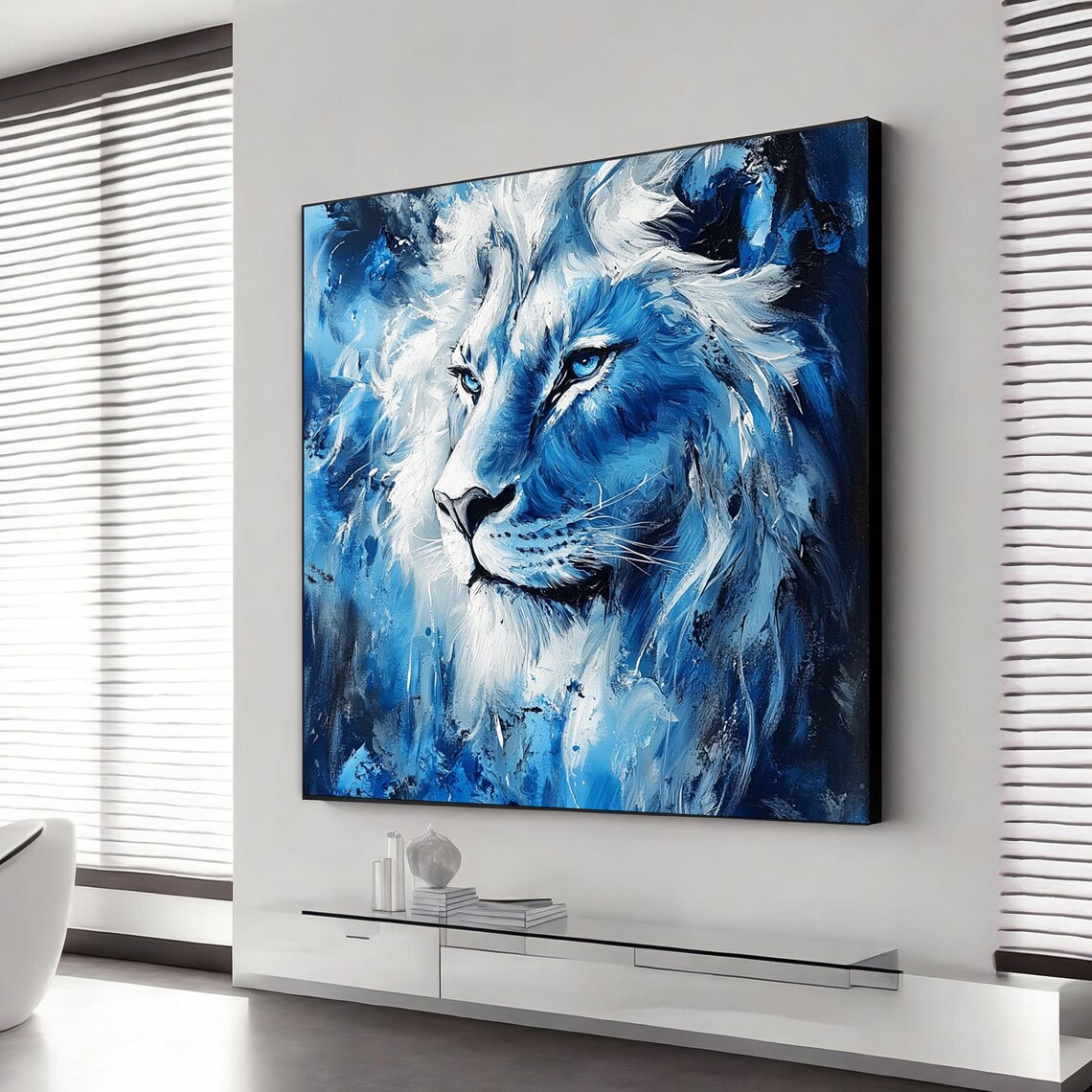 Blue Lion Portrait Majestic Wild Animal Abstract Brushstroke Wildlife Poster