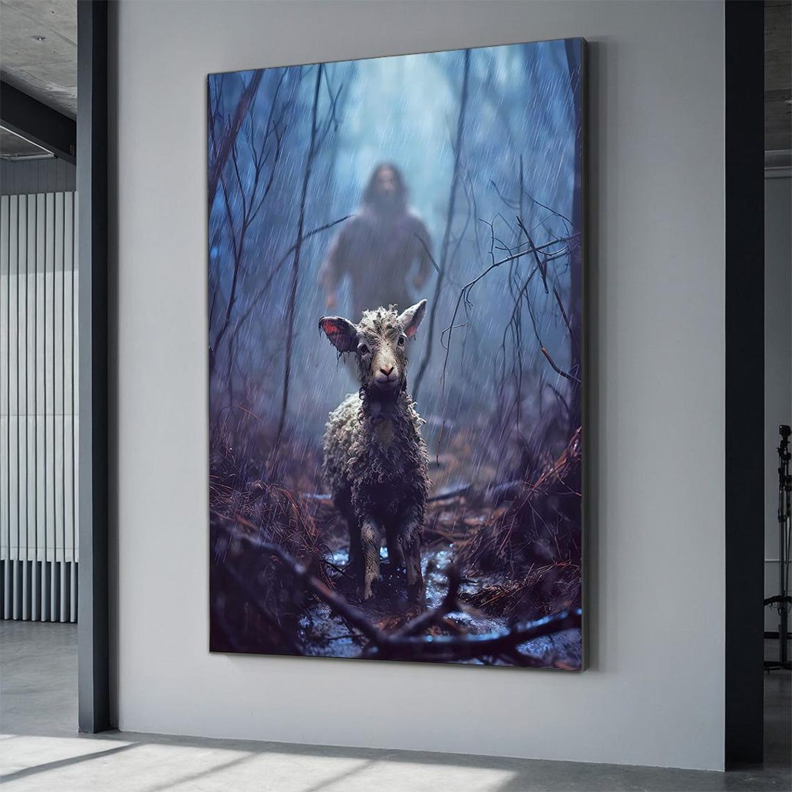 Jesus Chasing Lost Lamb Through Dark Misty Forest Religious Poster