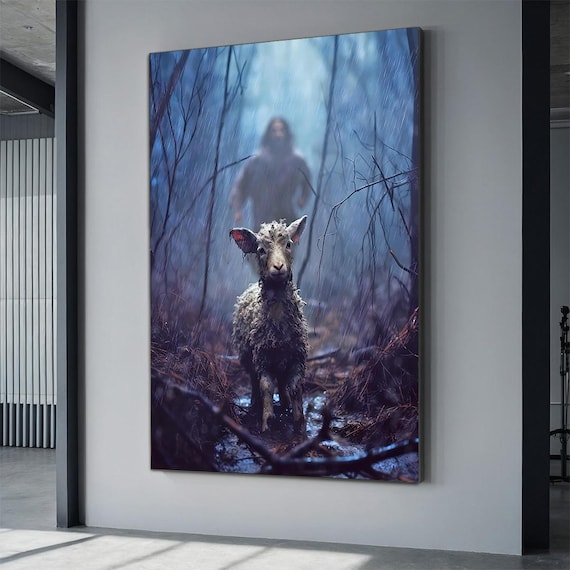 Jesus Chasing Lost Lamb Through Dark Misty Forest Religious Poster