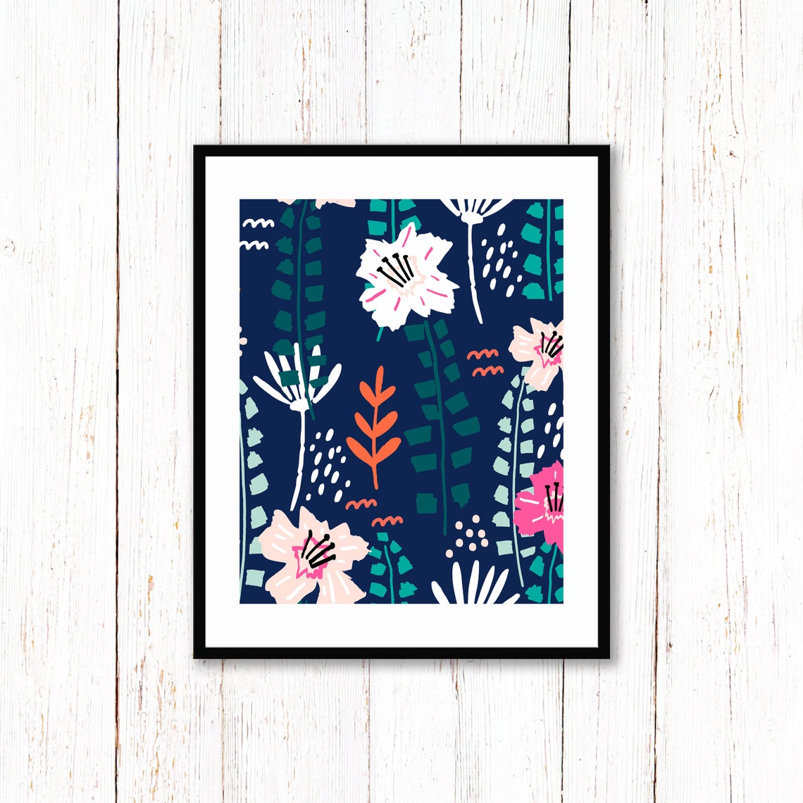 Navy Floral Pattern Blush Pink Blossoms Botanical Garden Poster - Image 2