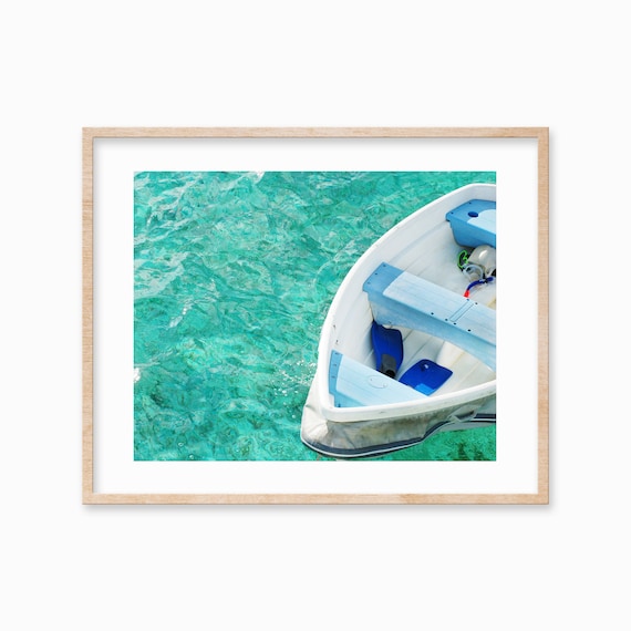 White Dinghy Boat From Above on Bright Turquoise Water Photo Poster