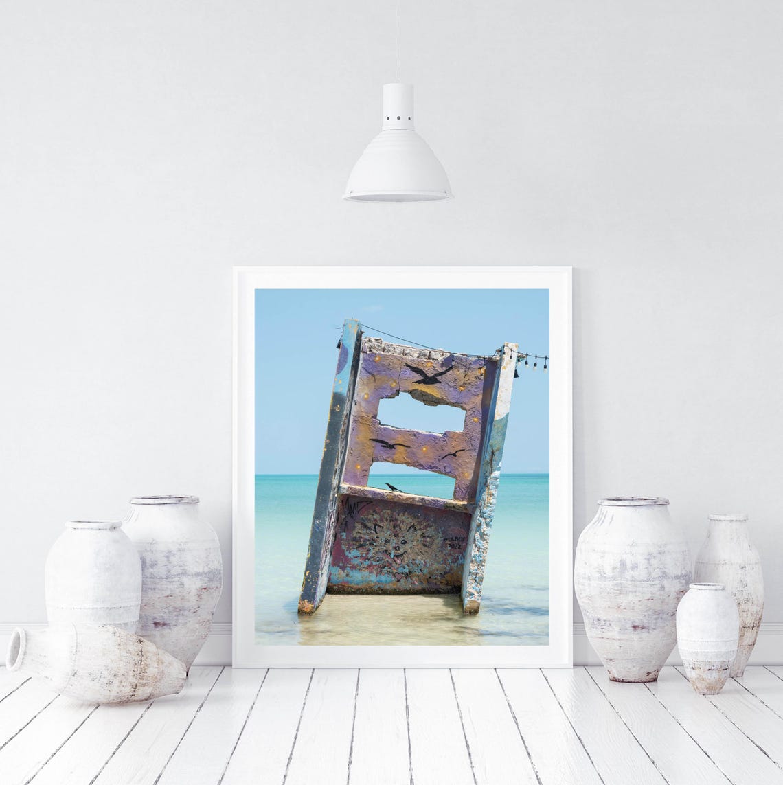 Weathered Painted Pier Ruin Bird Murals Turquoise Ocean Photo Poster - Image 3