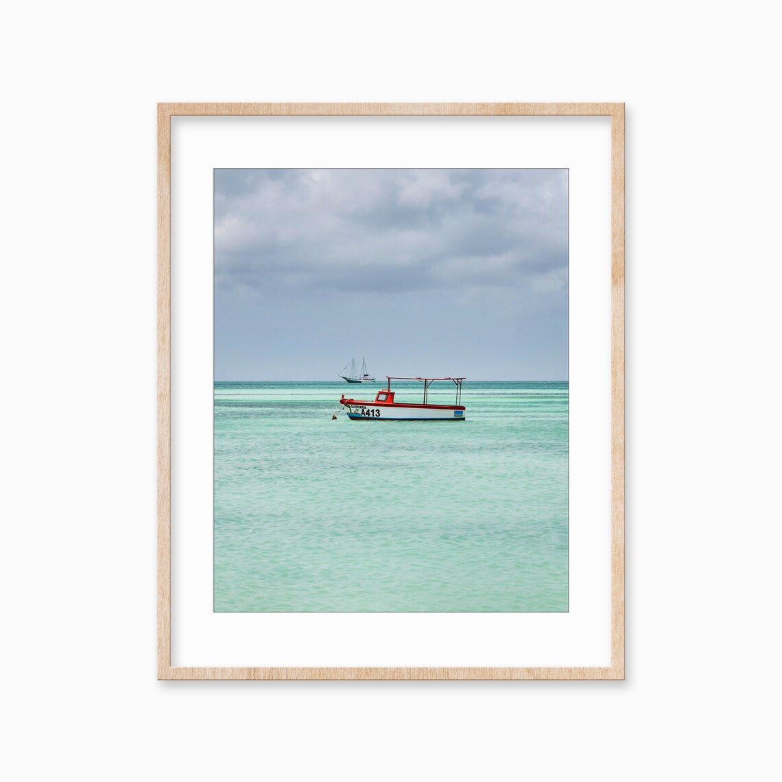 Red A13 Fishing Boat Floating on Calm Turquoise Ocean Sea Poster