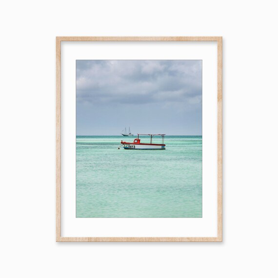 Red A13 Fishing Boat Floating on Calm Turquoise Ocean Sea Poster