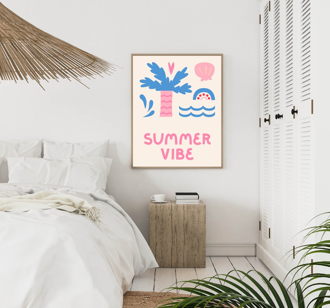 Summer Vibe Pink Blue Palm Tree Waves Graphic Quote Art Poster - Image 2