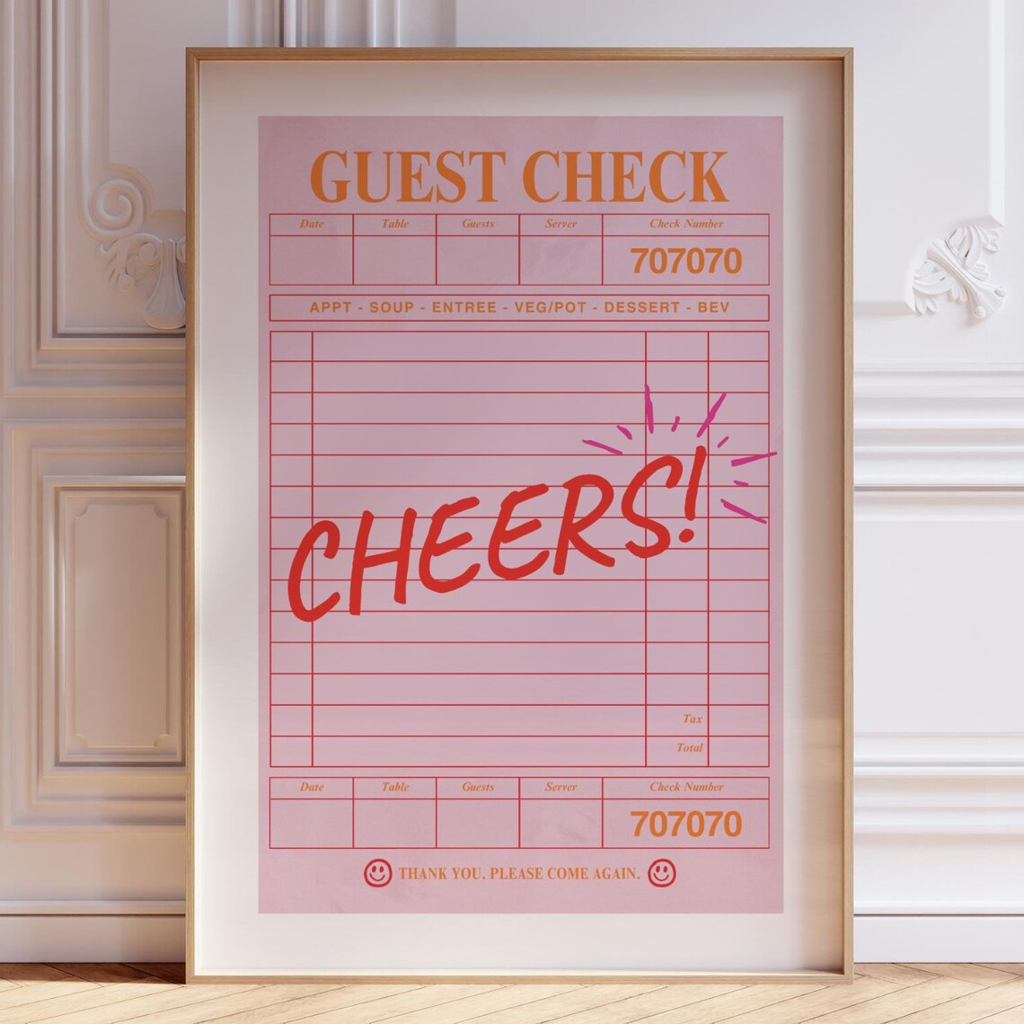 Cheers Guest Check Pink Retro Bar Cart Decor Trendy Party Quote Poster
