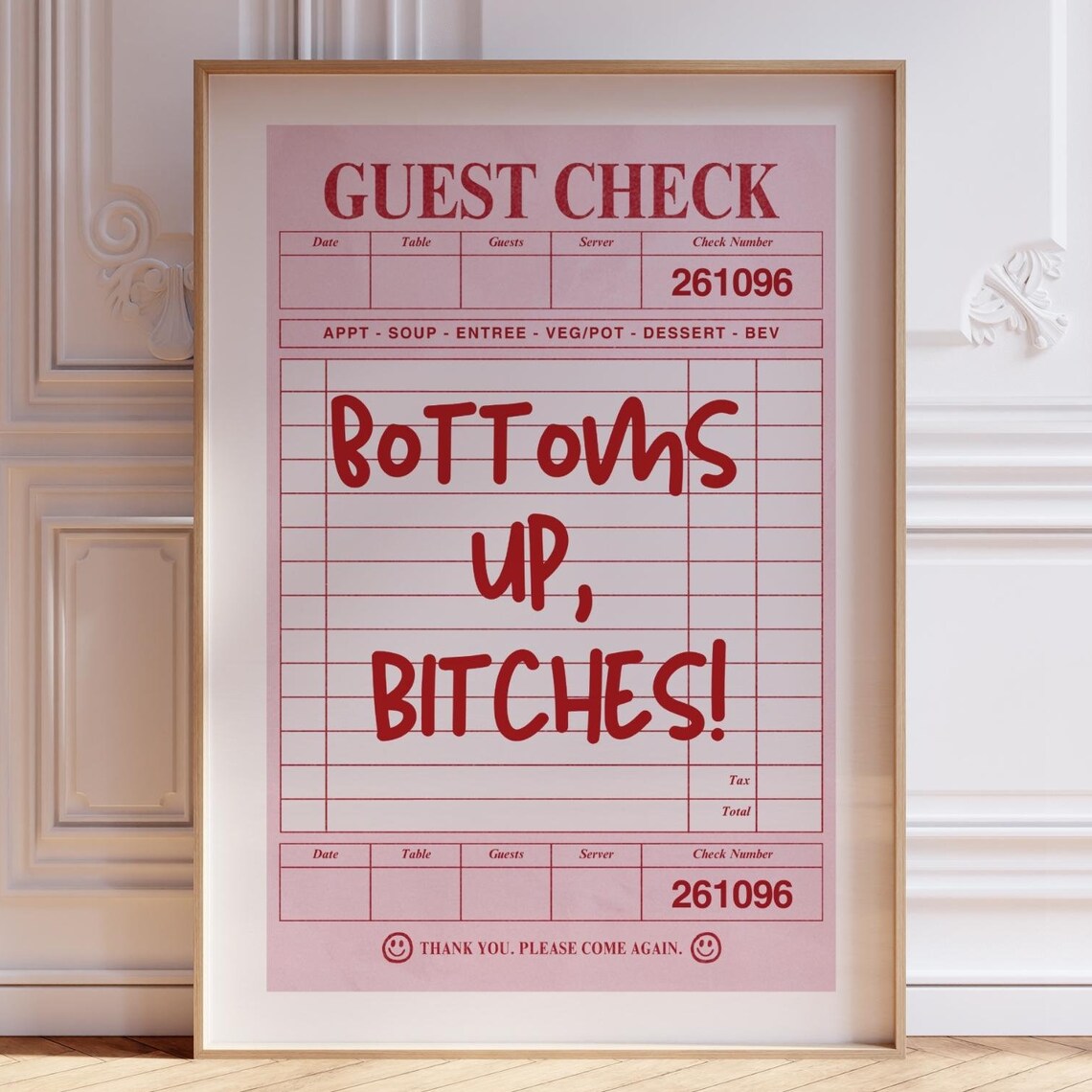 Bottoms Up Pink Guest Check Retro Quote Bar Cart Decor Poster
