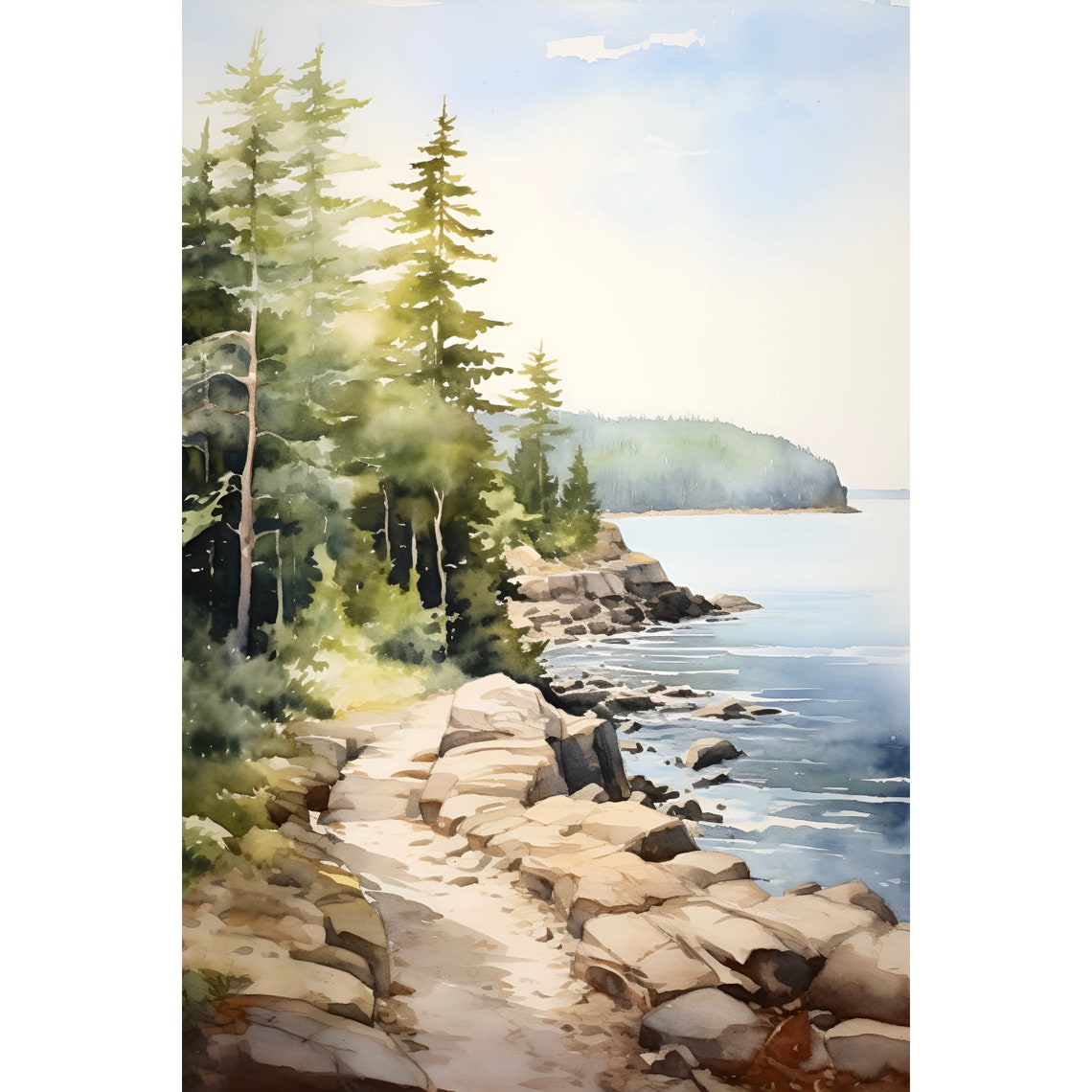 Lake Erie Painting Watercolor Art Print Forest Lake Landscape Rock Shoreline Wall Art New York State Art Great Lakes Travel Gift