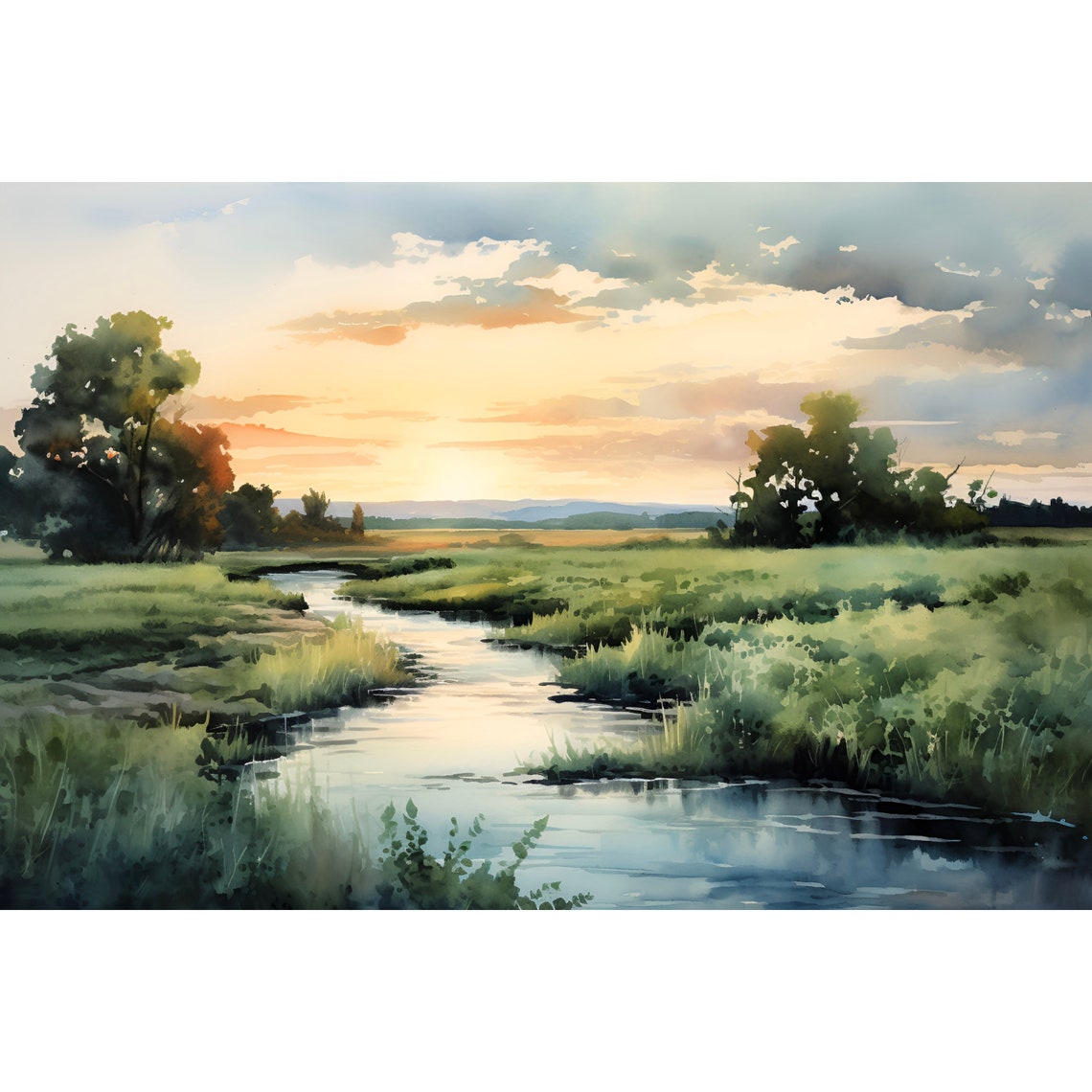 Big Blue River Nebraska Marsh Sunset River Watercolor Poster