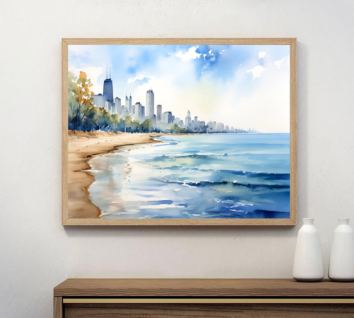 Ohio Street Beach Watercolor Art Print, Chicago Travel Poster - Image 4