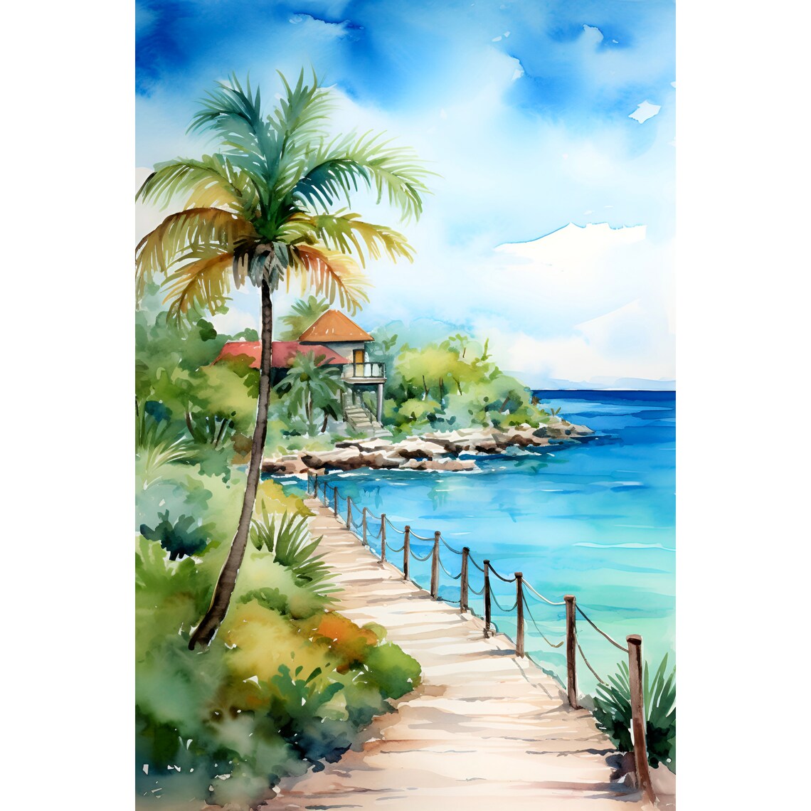 Isla Mujeres Beach Print Mexico Yucatan Watercolor Art Riviera Maya Poster Coastal Wall Art Tropical Seascape Painting Aesthetic Trendy Art