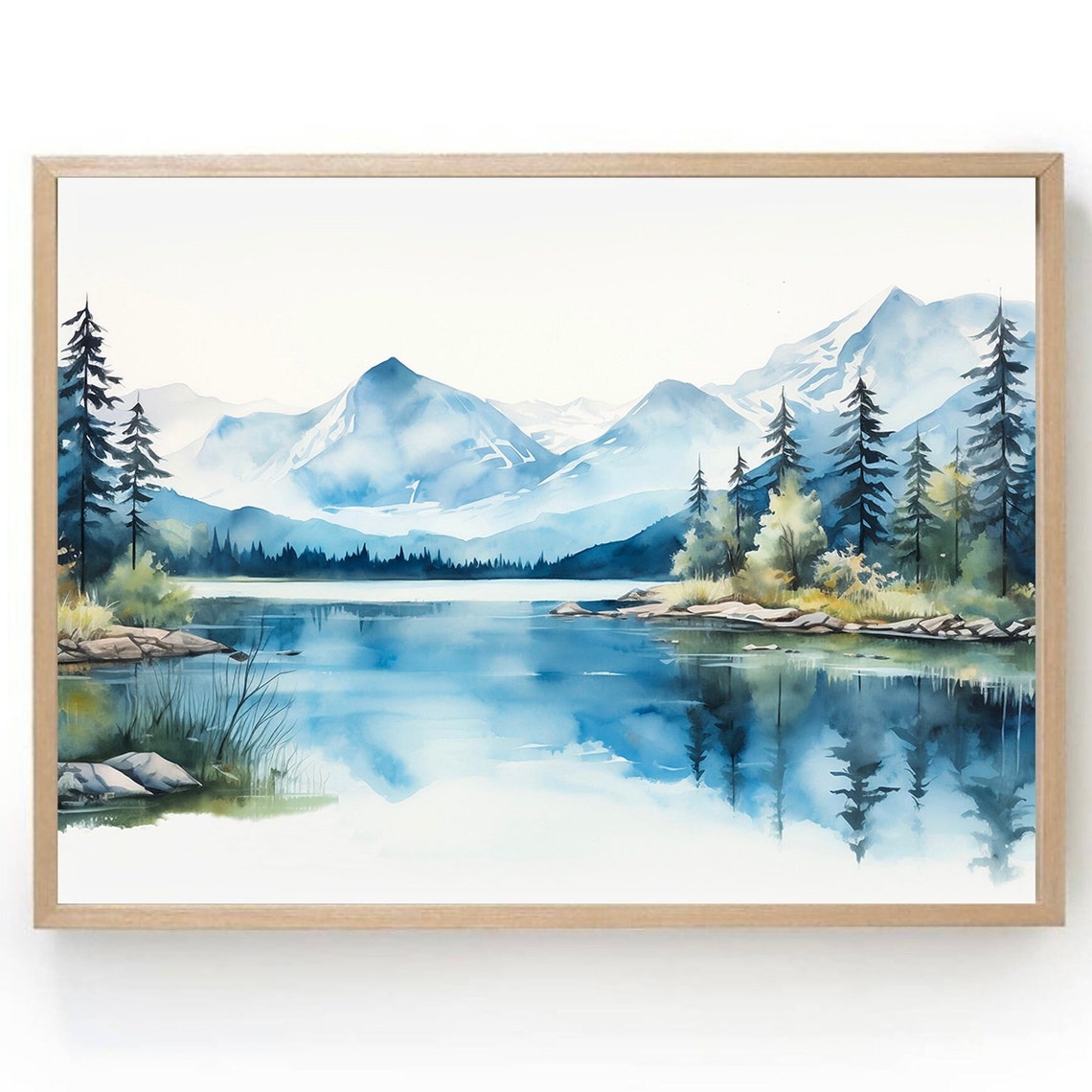 Alpine Mountain Lake Snow Peaks Pine Reflection Watercolor Poster